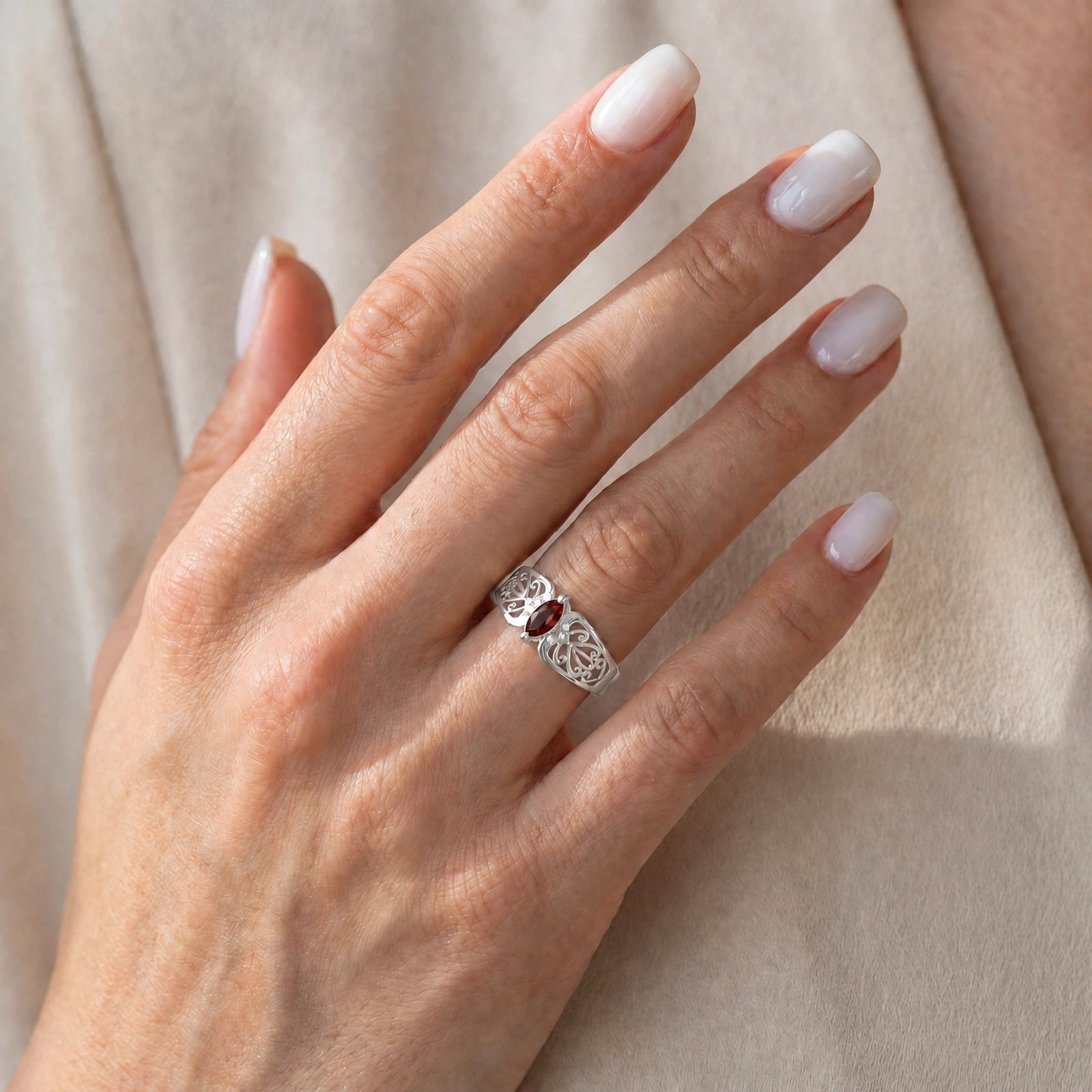 White Gold Petal Ring Garnet 10K — Penelope