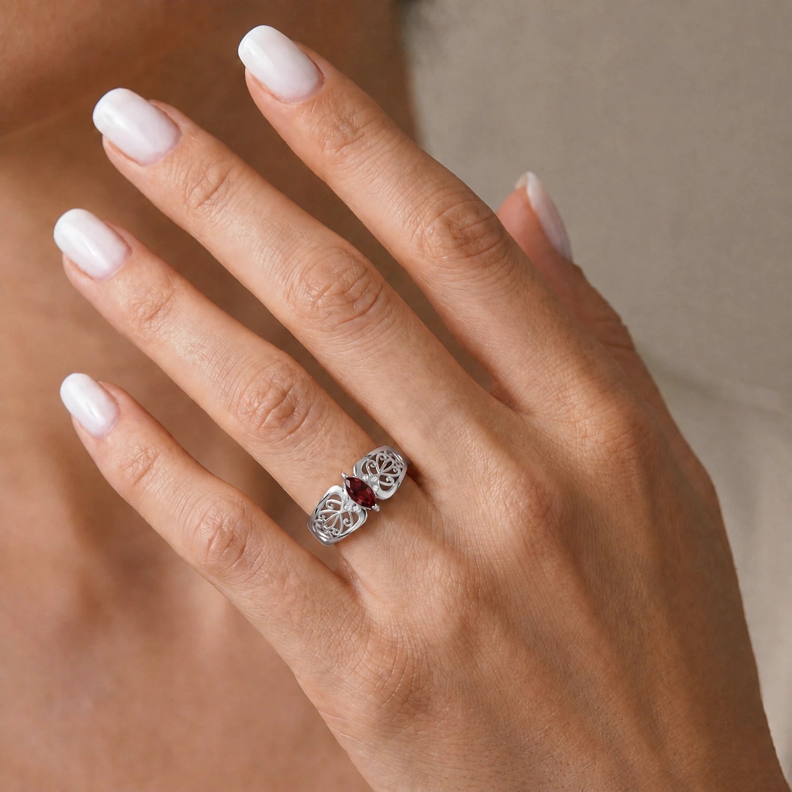 White Gold Petal Ring Garnet 10K — Penelope