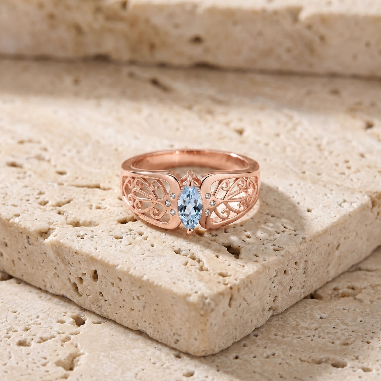 Rose Gold Petal Ring Aquamarine 10K — Penelope