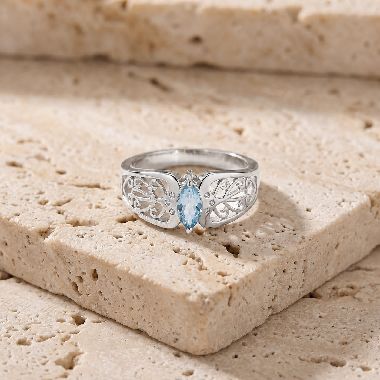 White Gold Petal Ring Aquamarine 10K — Penelope