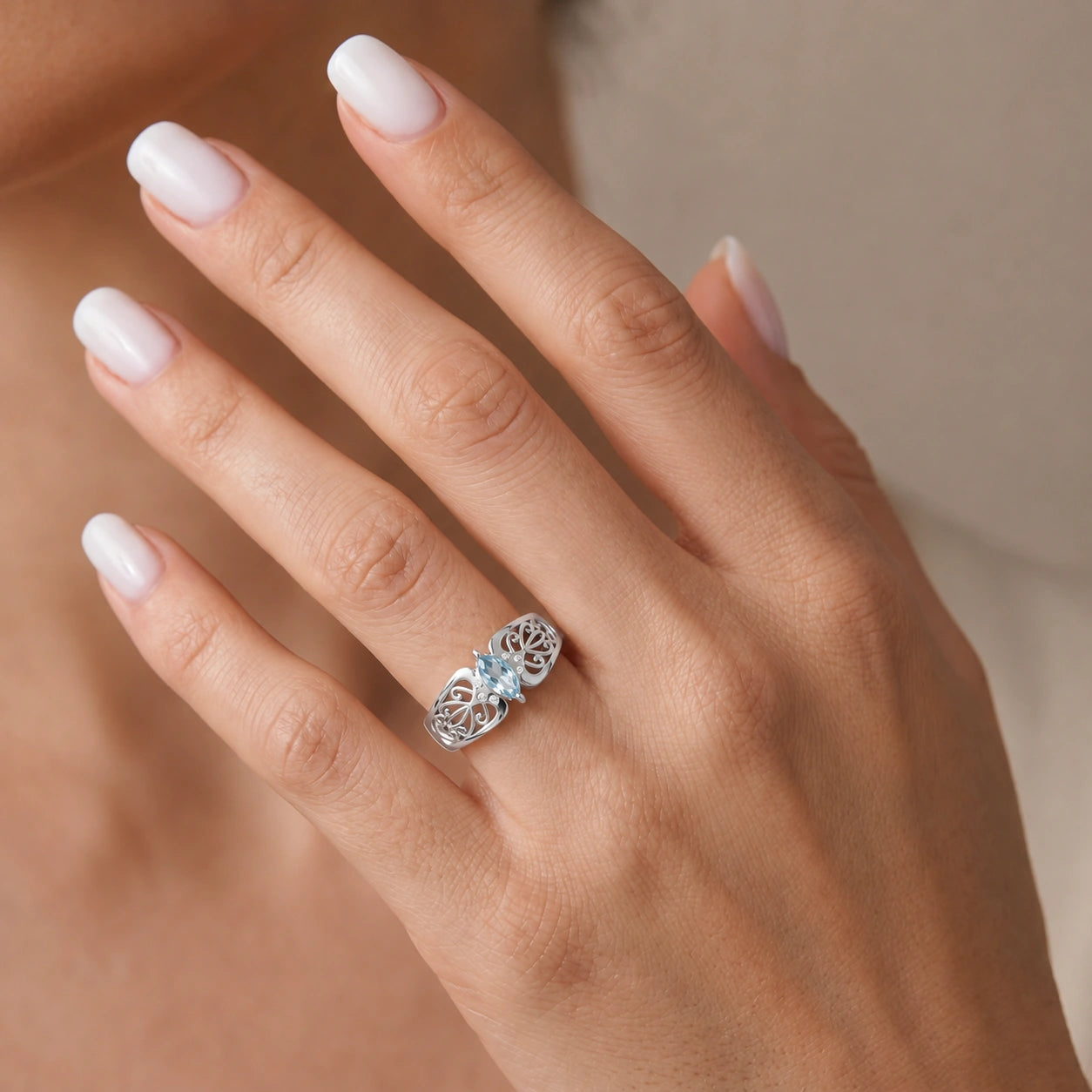 White Gold Petal Ring Aquamarine 10K — Penelope