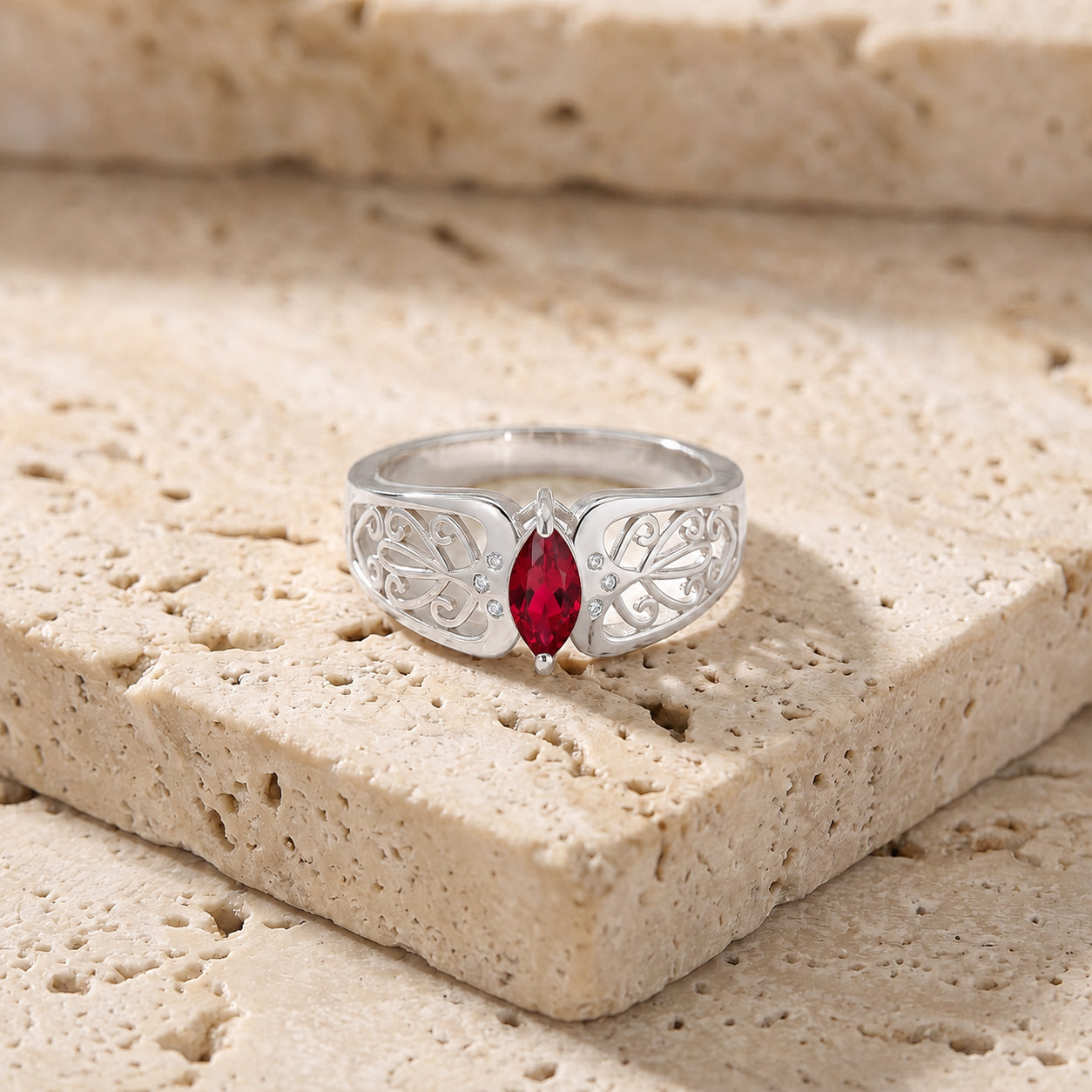White Gold Petal Ring Ruby 10K — Penelope