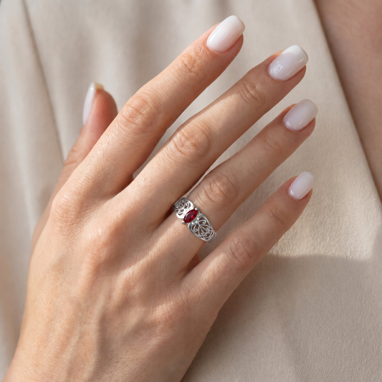 White Gold Petal Ring Ruby 10K — Penelope
