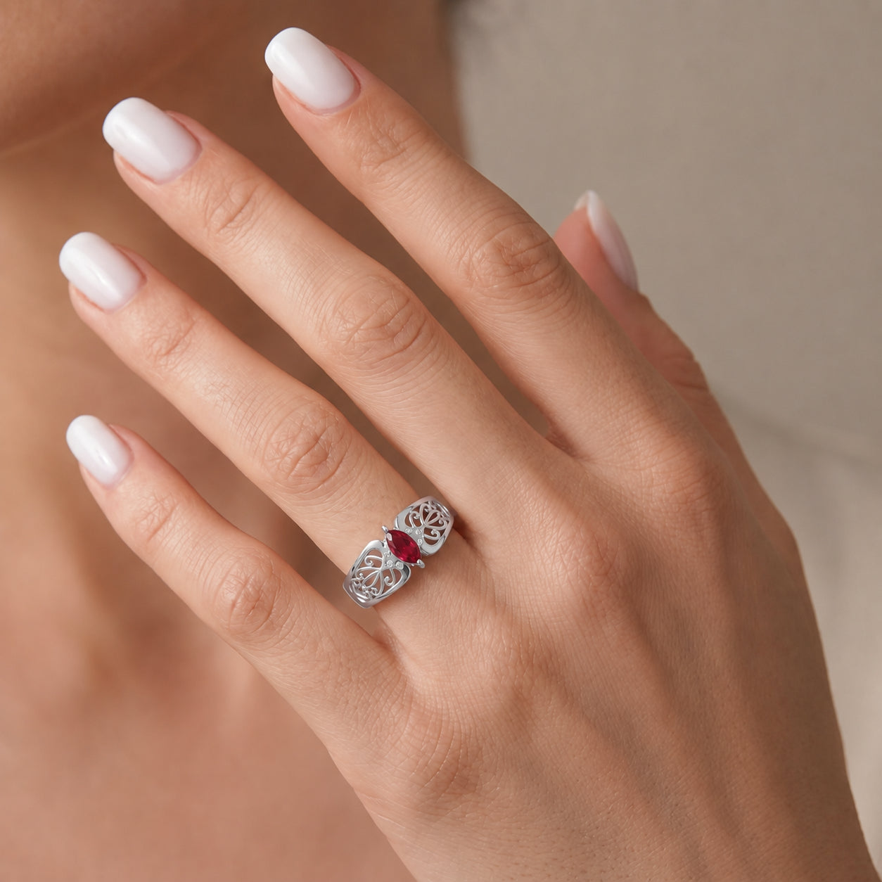 White Gold Petal Ring Ruby 10K — Penelope