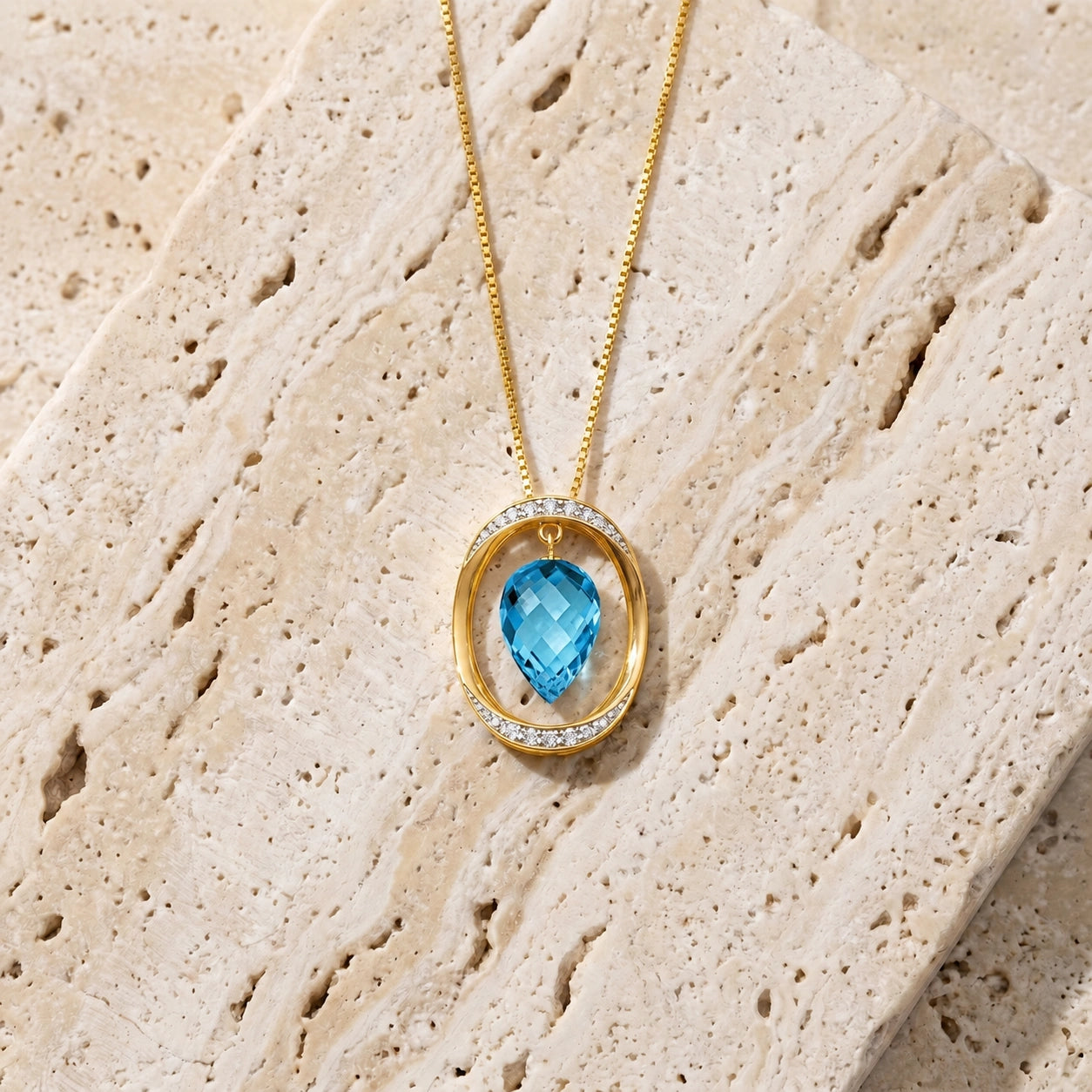 Yellow Gold Pendant Necklace Blue Topaz 10K — Tecla