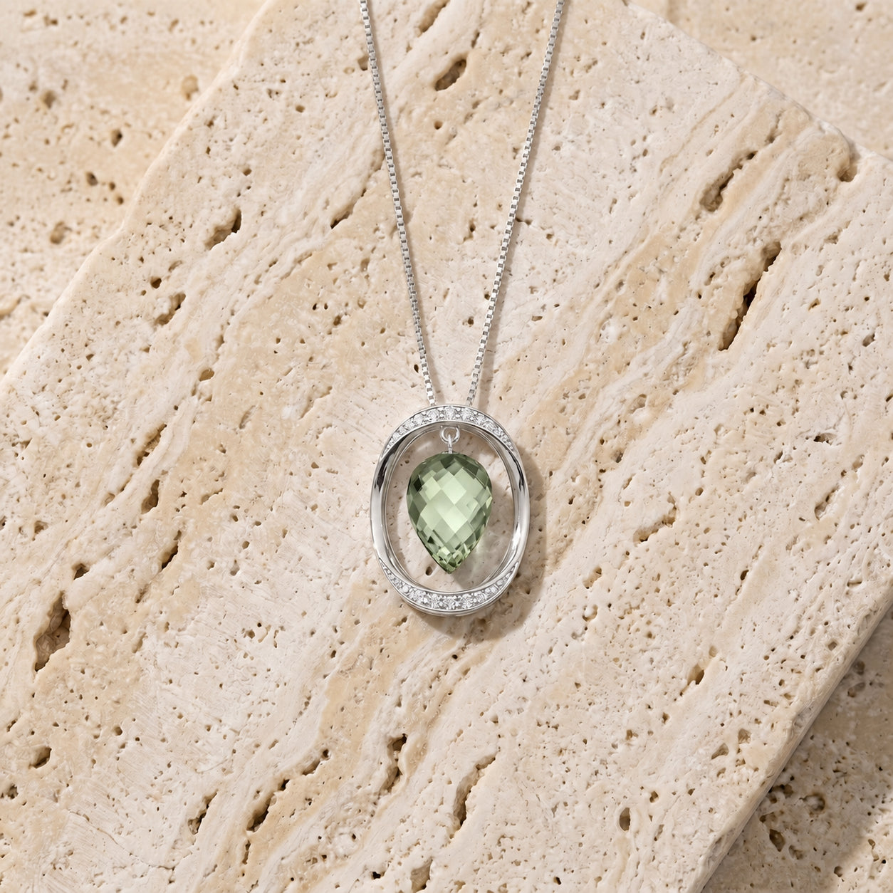 White Gold Pendant Necklace Green Amethyst 10K — Tecla