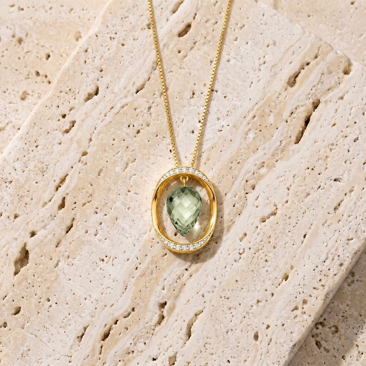 Yellow Gold Pendant Necklace Green Amethyst 10K — Tecla
