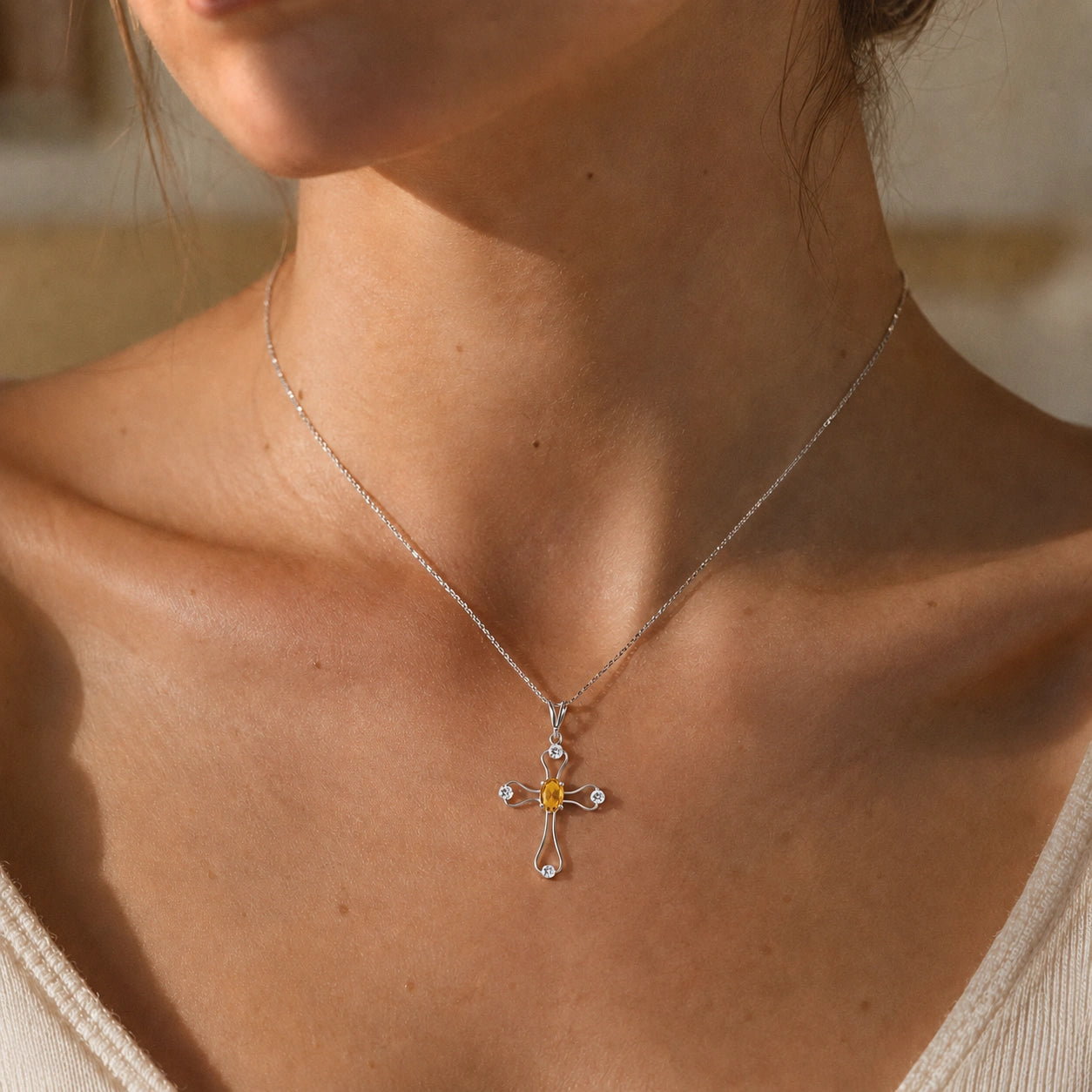 White Gold Rose Pendant Necklace Citrine 10K — Pia
