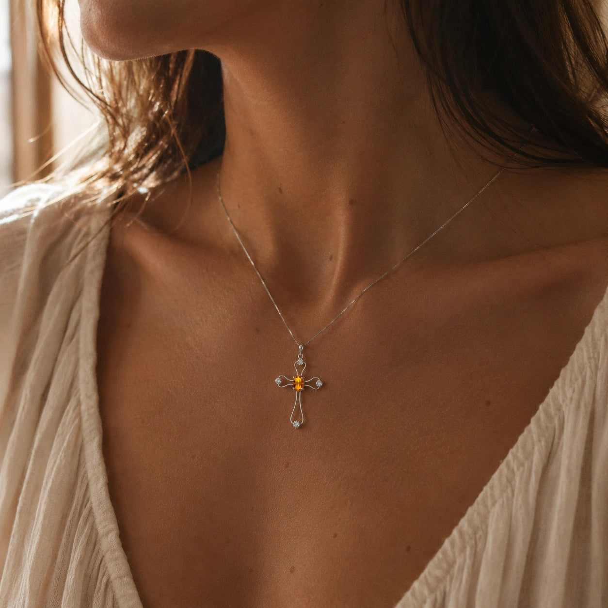 White Gold Rose Pendant Necklace Citrine 10K — Pia
