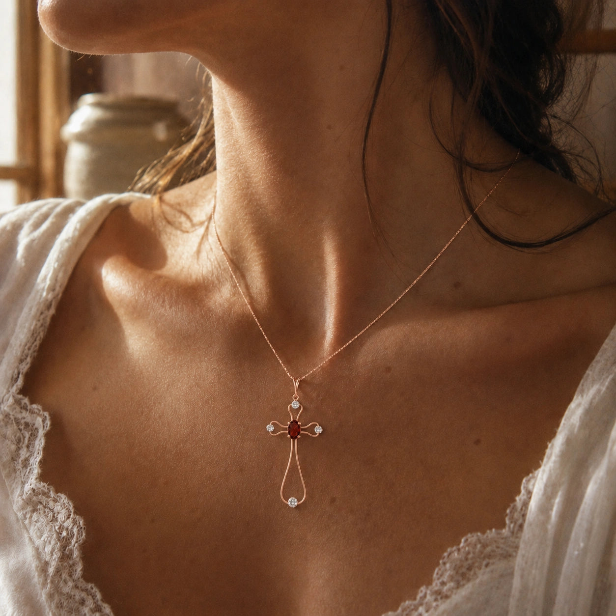 Rose Gold Rose Pendant Necklace Garnet 10K — Pia