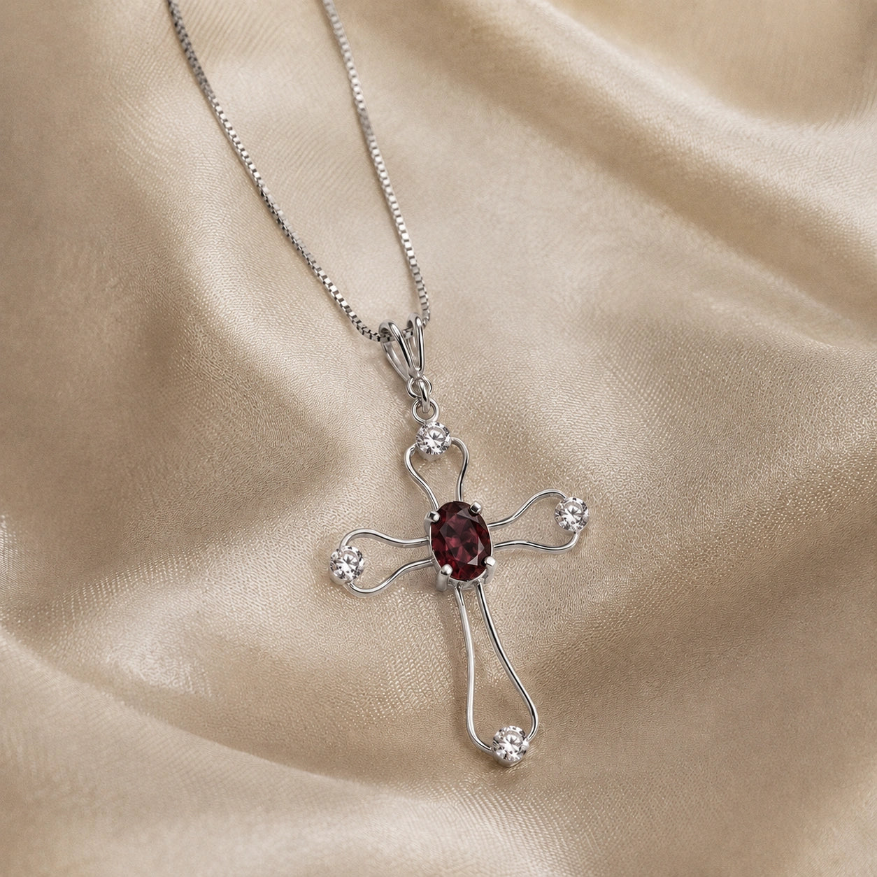 White Gold Rose Pendant Necklace Garnet 10K — Pia