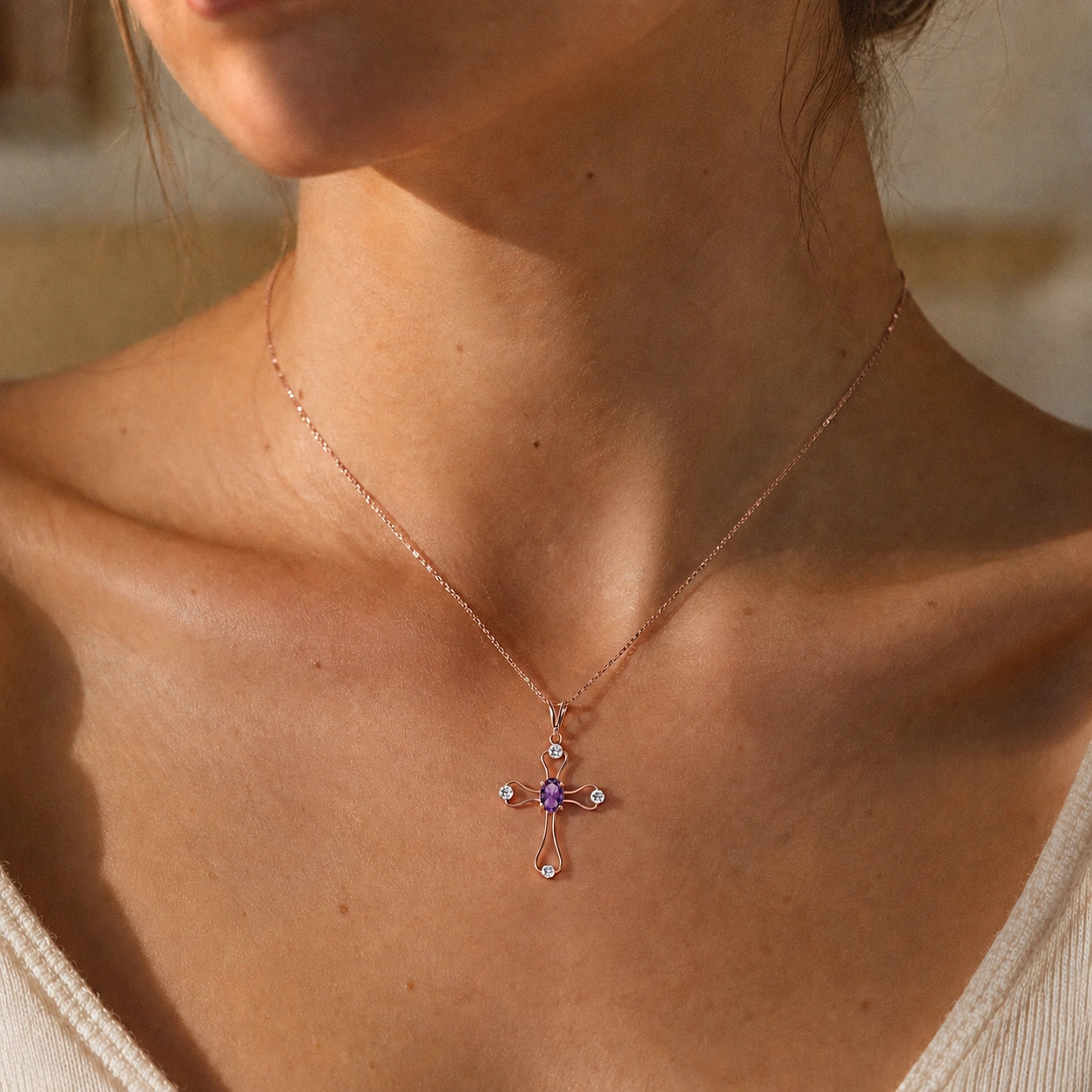 Rose Gold Rose Pendant Necklace Amethyst 10K — Pia