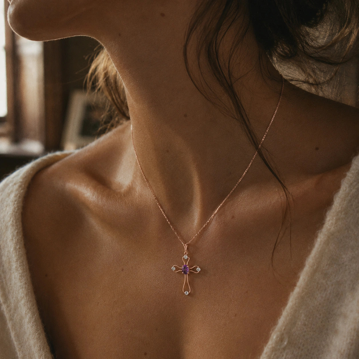 Rose Gold Rose Pendant Necklace Amethyst 10K — Pia