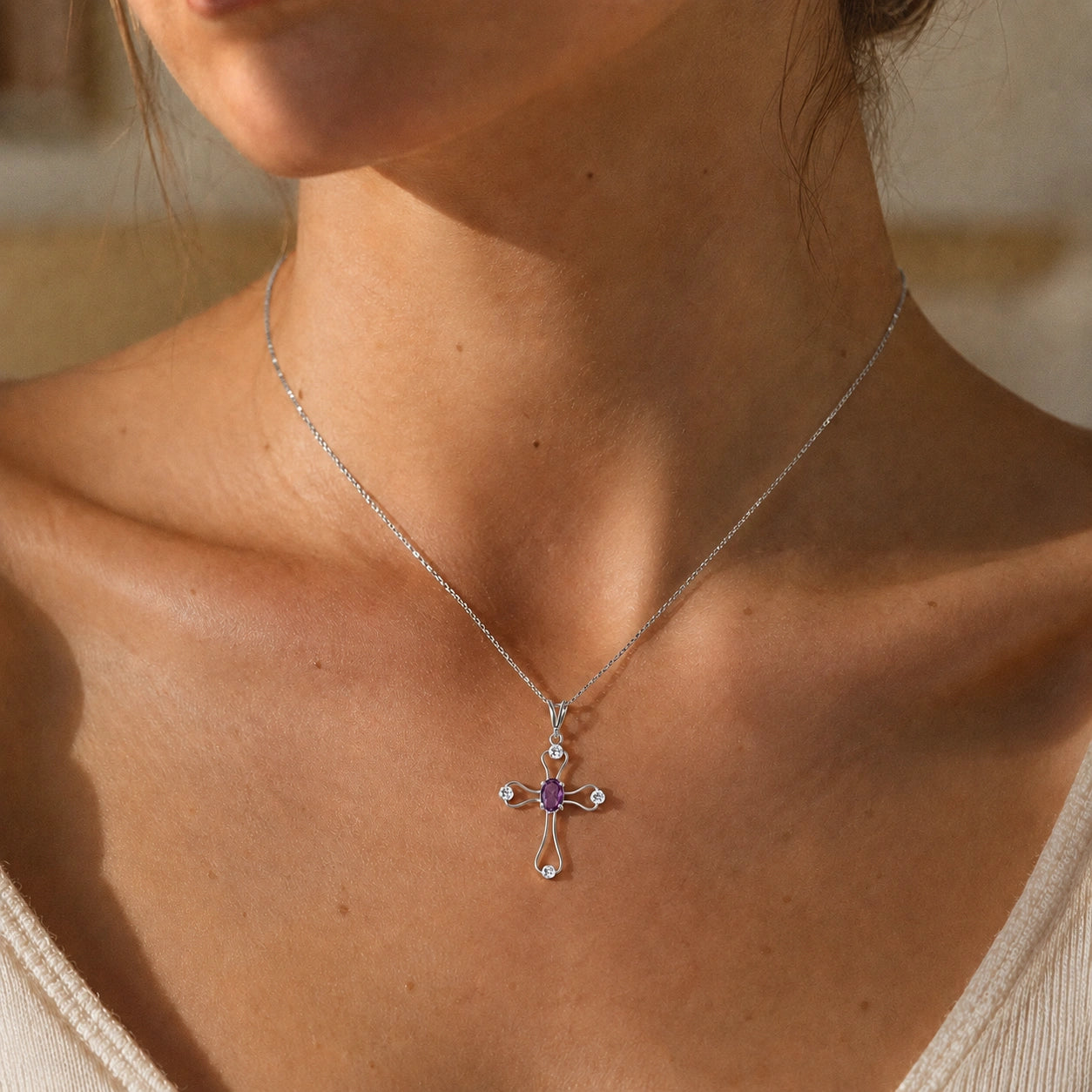 White Gold Rose Pendant Necklace Amethyst 10K — Pia