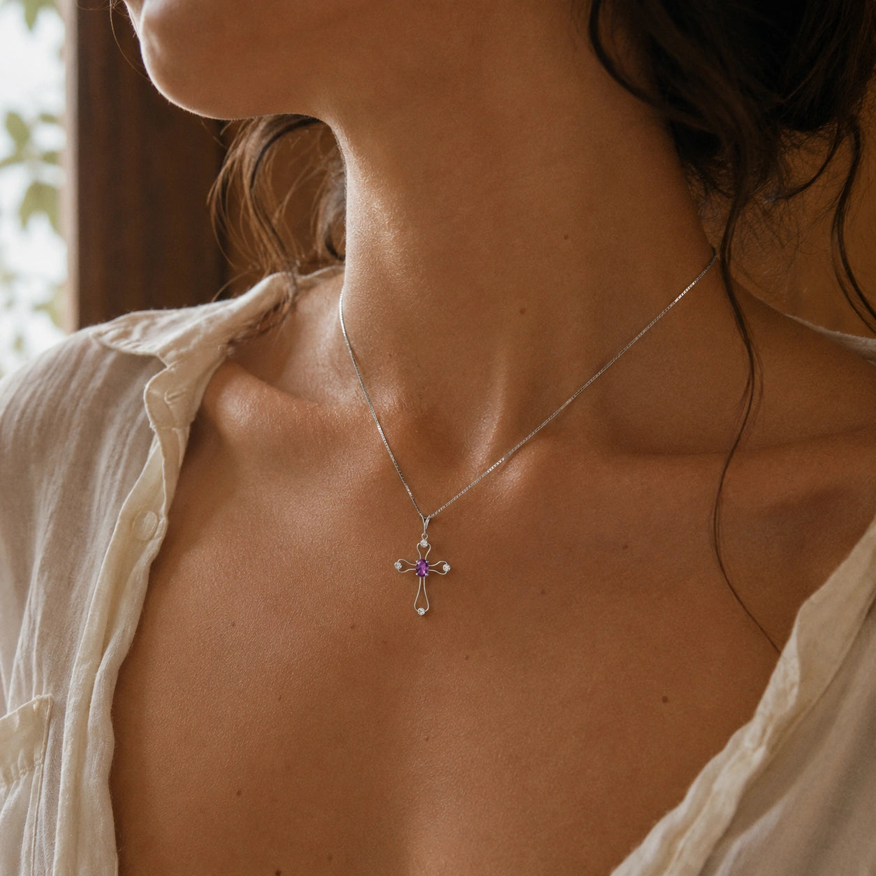 White Gold Rose Pendant Necklace Amethyst 10K — Pia
