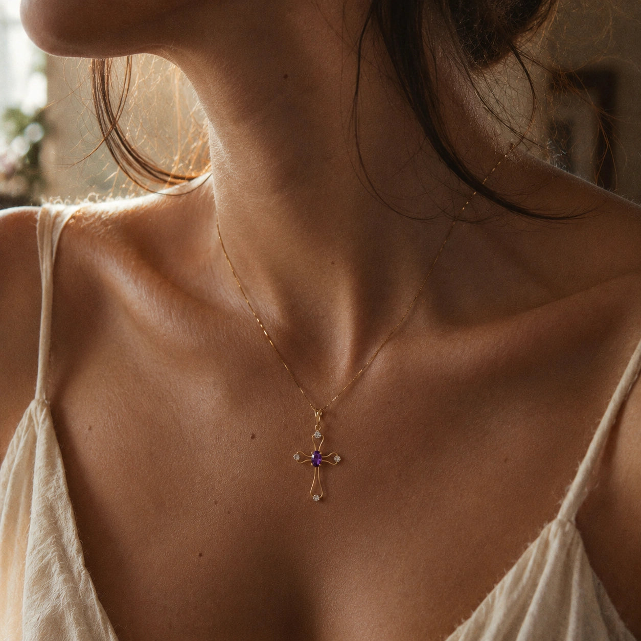 Yellow Gold Rose Pendant Necklace Amethyst 10K — Pia