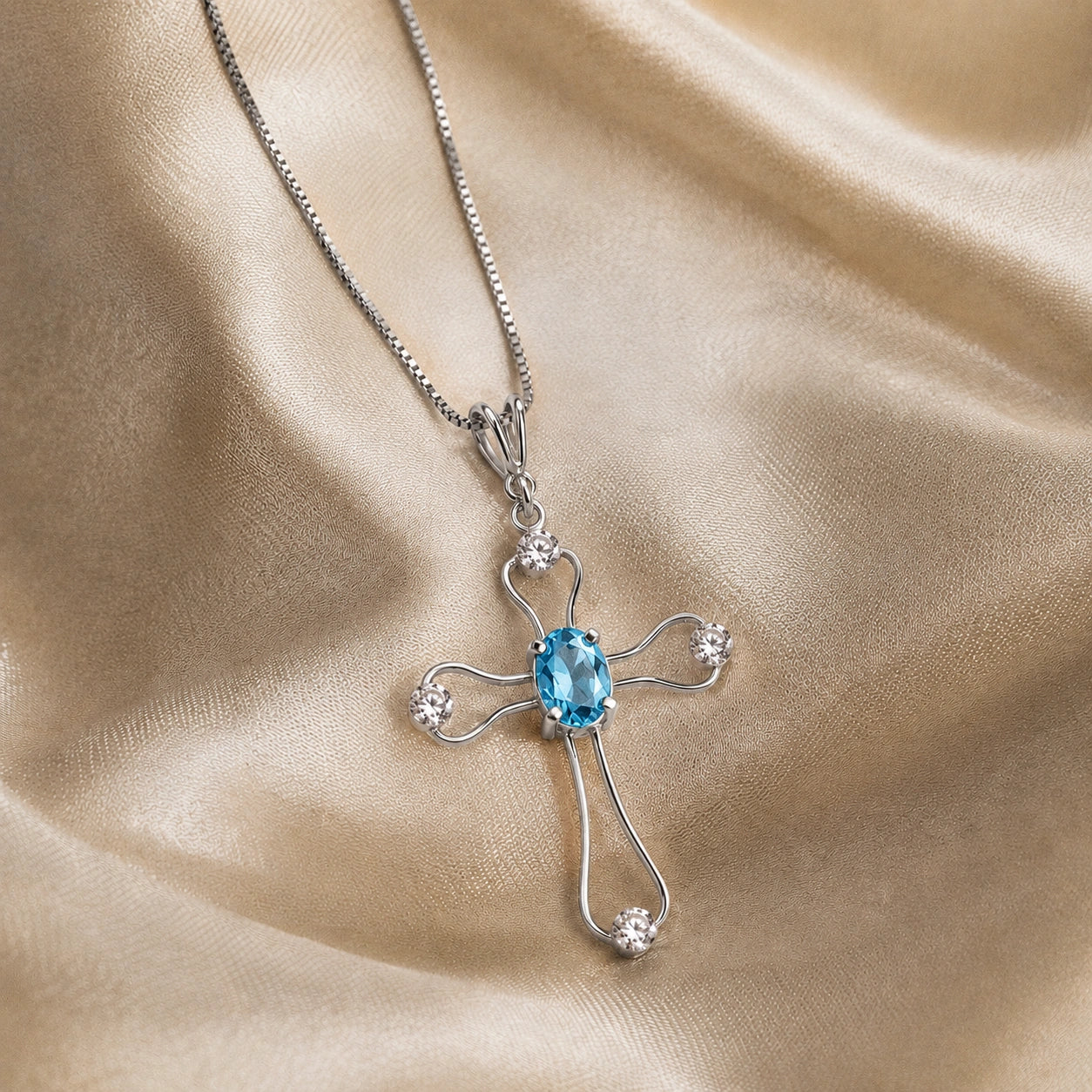 White Gold Rose Pendant Necklace Blue Topaz 10K — Pia