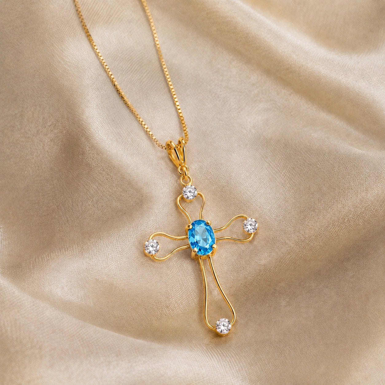 Yellow Gold Rose Pendant Necklace Blue Topaz 10K — Pia