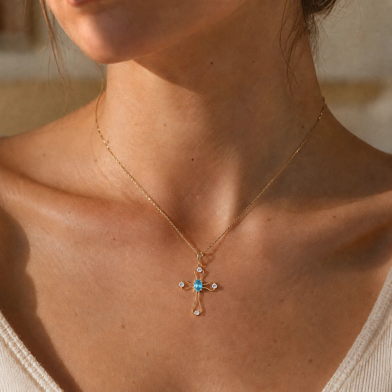 Yellow Gold Rose Pendant Necklace Blue Topaz 10K — Pia