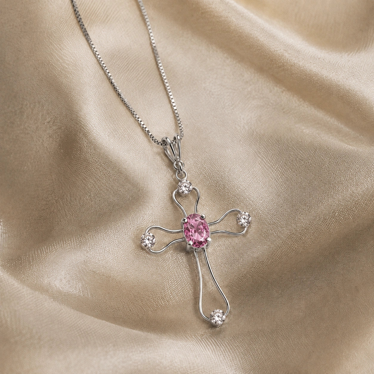 White Gold Rose Pendant Necklace Pink Topaz 10K — Pia