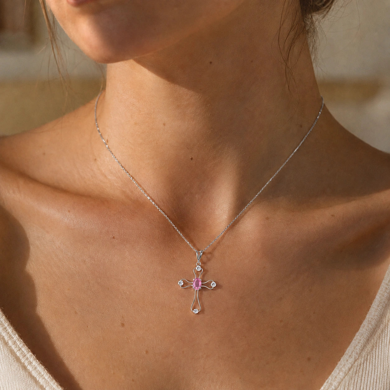 White Gold Rose Pendant Necklace Pink Topaz 10K — Pia