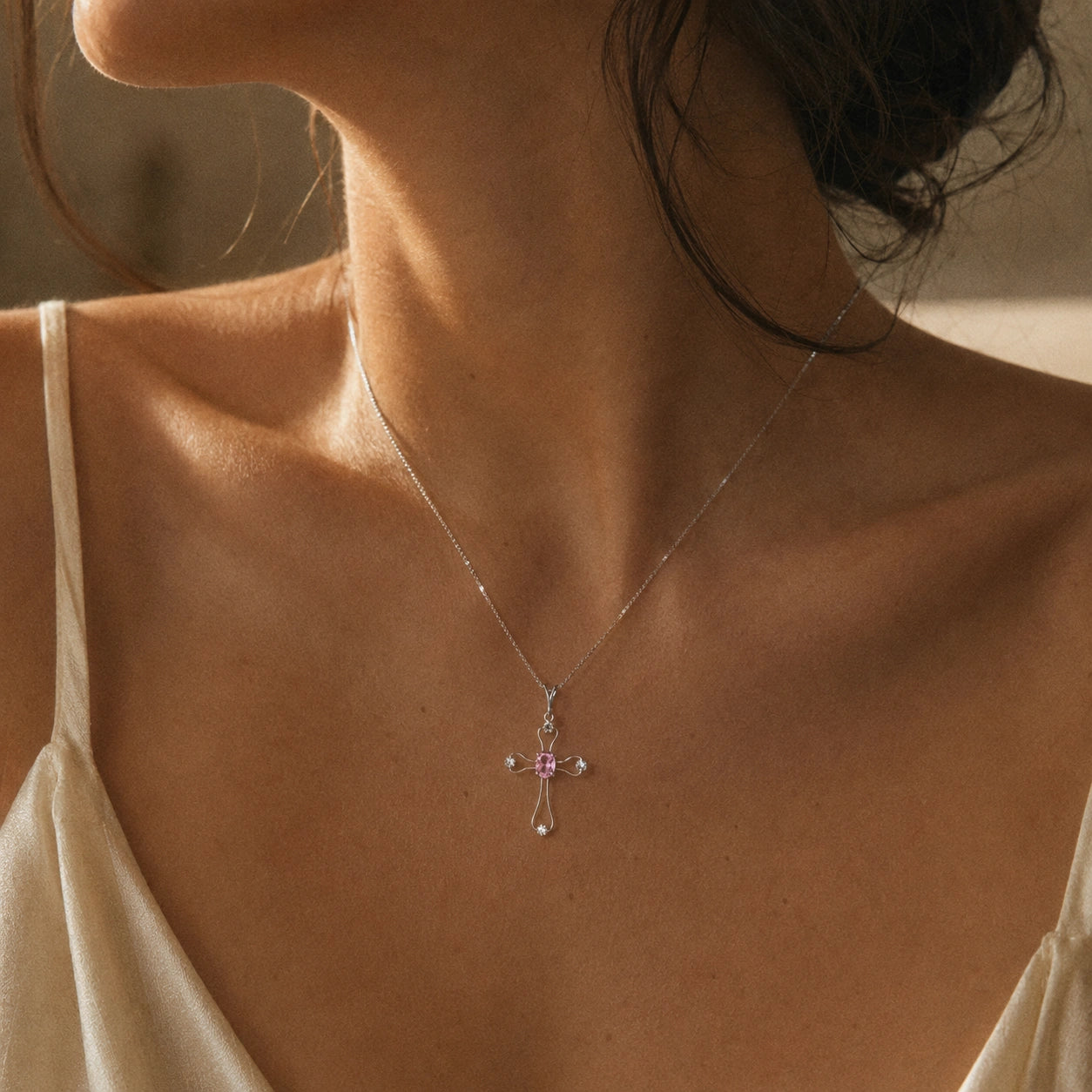 White Gold Rose Pendant Necklace Pink Topaz 10K — Pia
