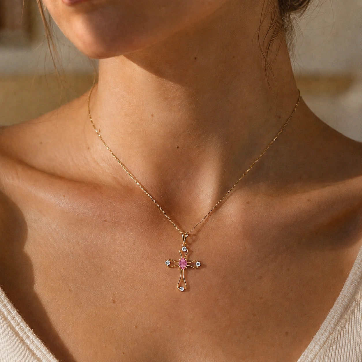Yellow Gold Rose Pendant Necklace Pink Topaz 10K — Pia