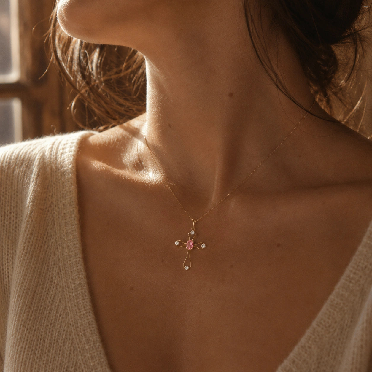 Yellow Gold Rose Pendant Necklace Pink Topaz 10K — Pia
