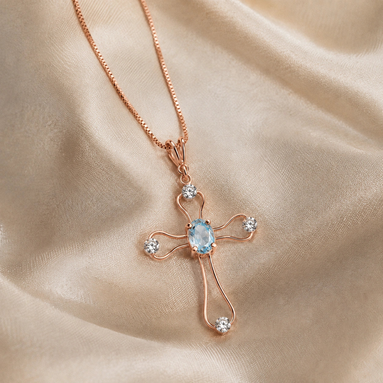 Rose Gold Rose Pendant Necklace Aquamarine 10K — Pia