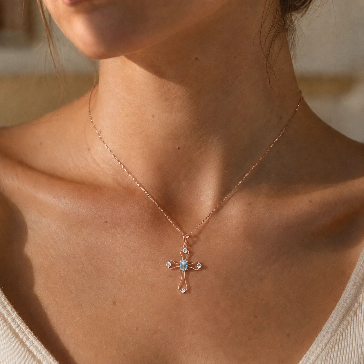 Rose Gold Rose Pendant Necklace Aquamarine 10K — Pia