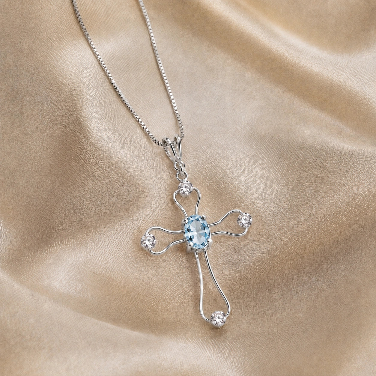 White Gold Rose Pendant Necklace Aquamarine 10K — Pia
