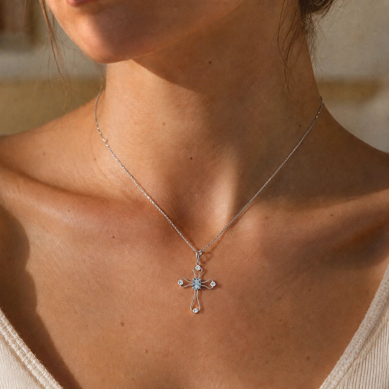 White Gold Rose Pendant Necklace Aquamarine 10K — Pia