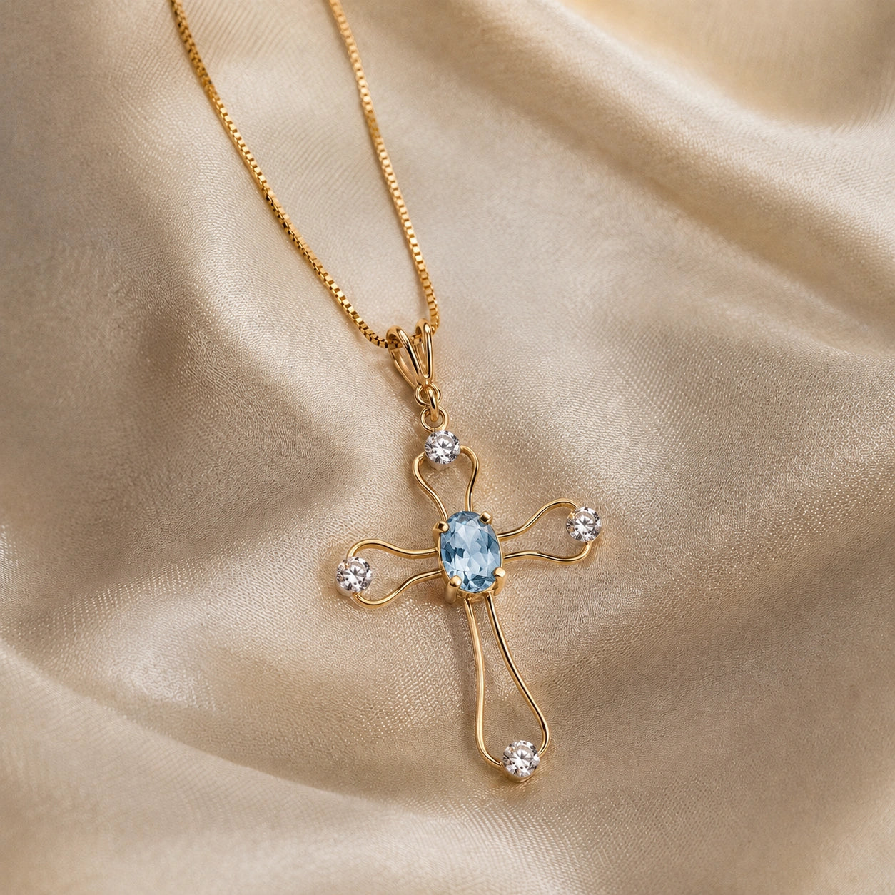Yellow Gold Rose Pendant Necklace Aquamarine 10K — Pia