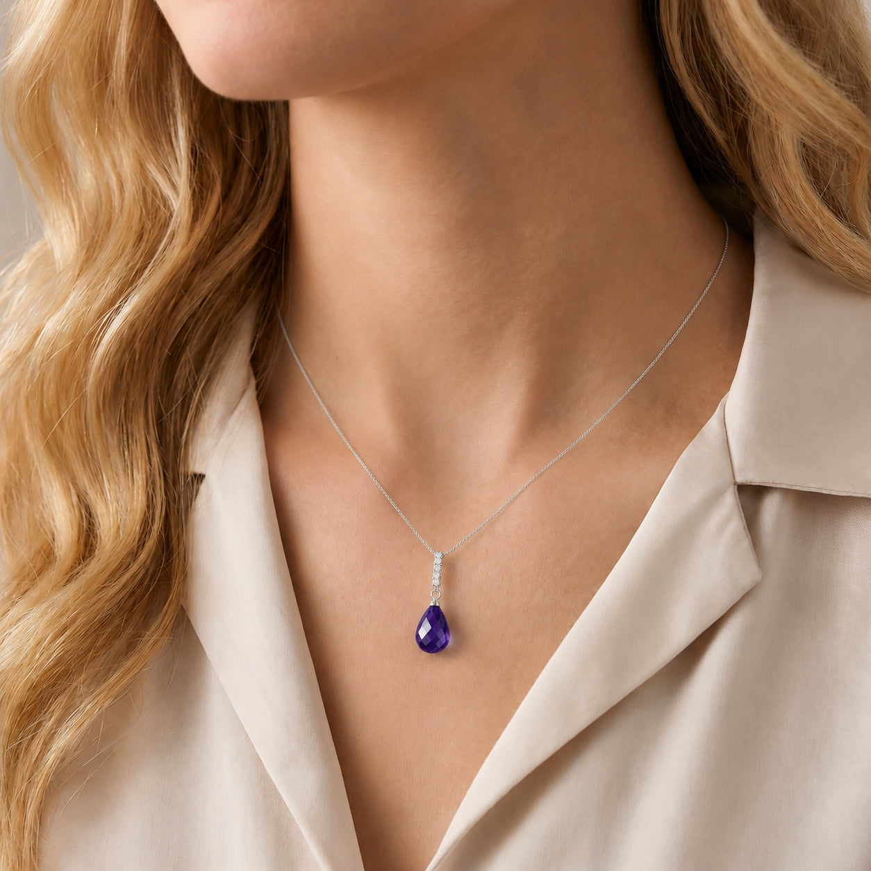 White Gold Pendant Necklace Amethyst 10K — Cinzia