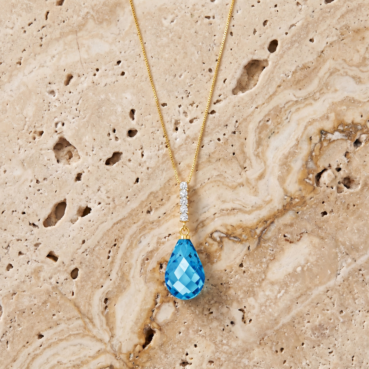 Yellow Gold Pendant Necklace Blue Topaz 10K — Cinzia