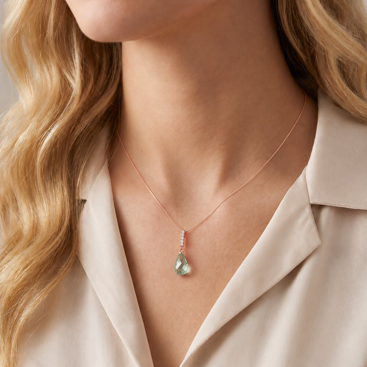 Rose Gold Pendant Necklace Green Amethyst 10K — Cinzia