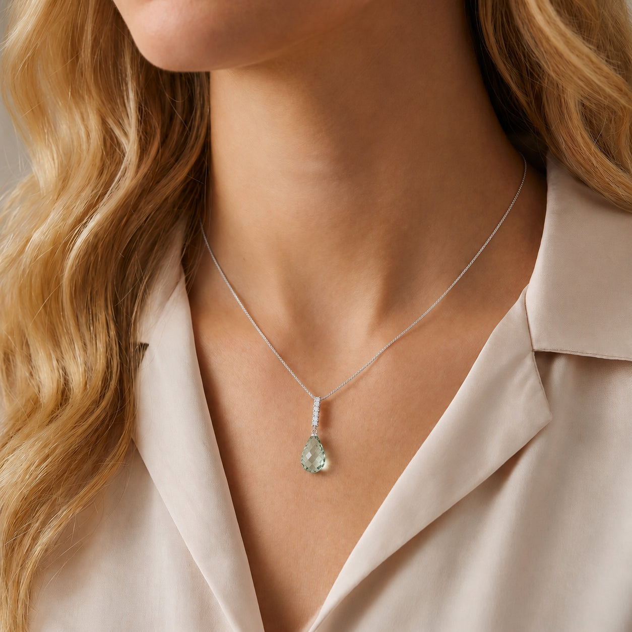 White Gold Pendant Necklace Green Amethyst 10K — Cinzia