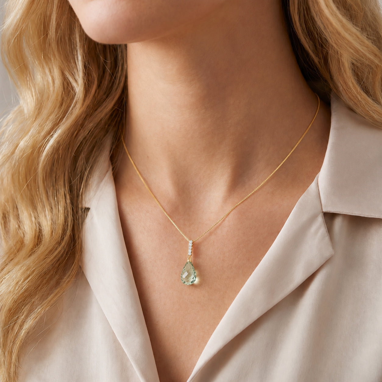 Yellow Gold Pendant Necklace Green Amethyst 10K — Cinzia