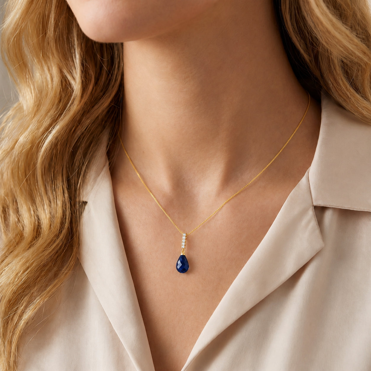 Yellow Gold Pendant Necklace Sapphire 10K — Cinzia