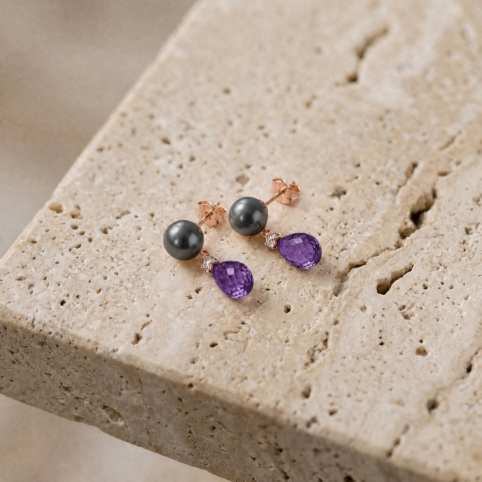 Rose Gold Amethyst & Black Pearl & Diamond — Rosaflora