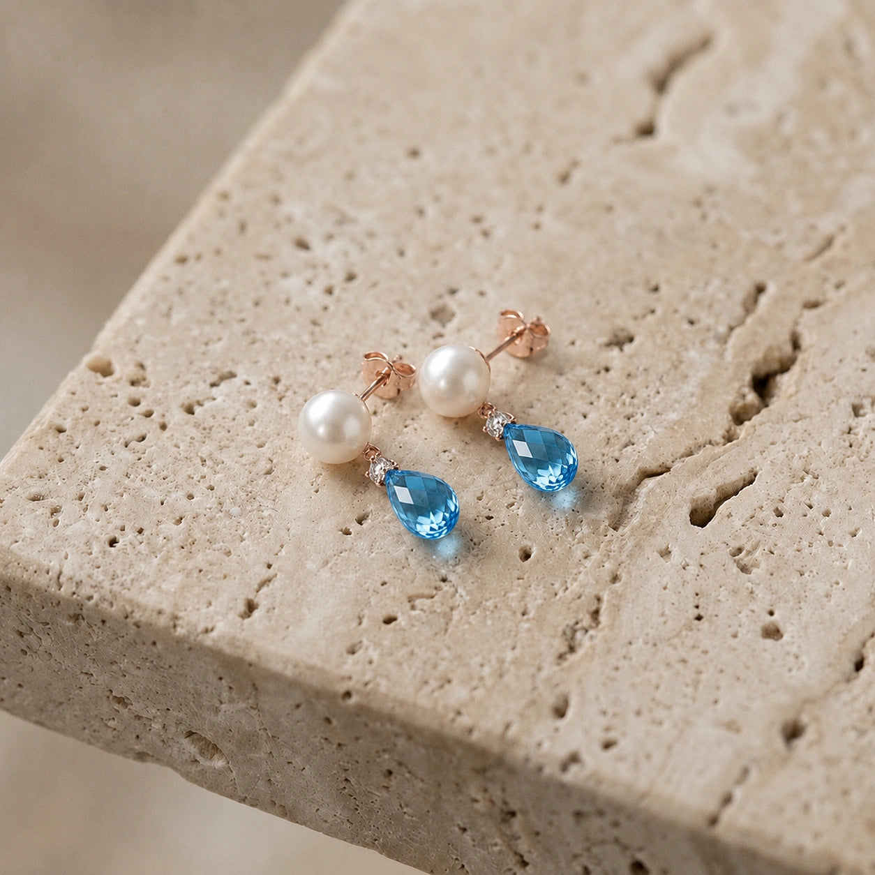 Rose Gold Blue Topaz & Pearl & Diamond — Rosaflora