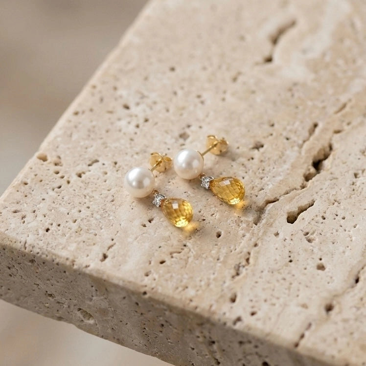 Yellow Gold Citrine & Pearl & Diamond — Rosaflora