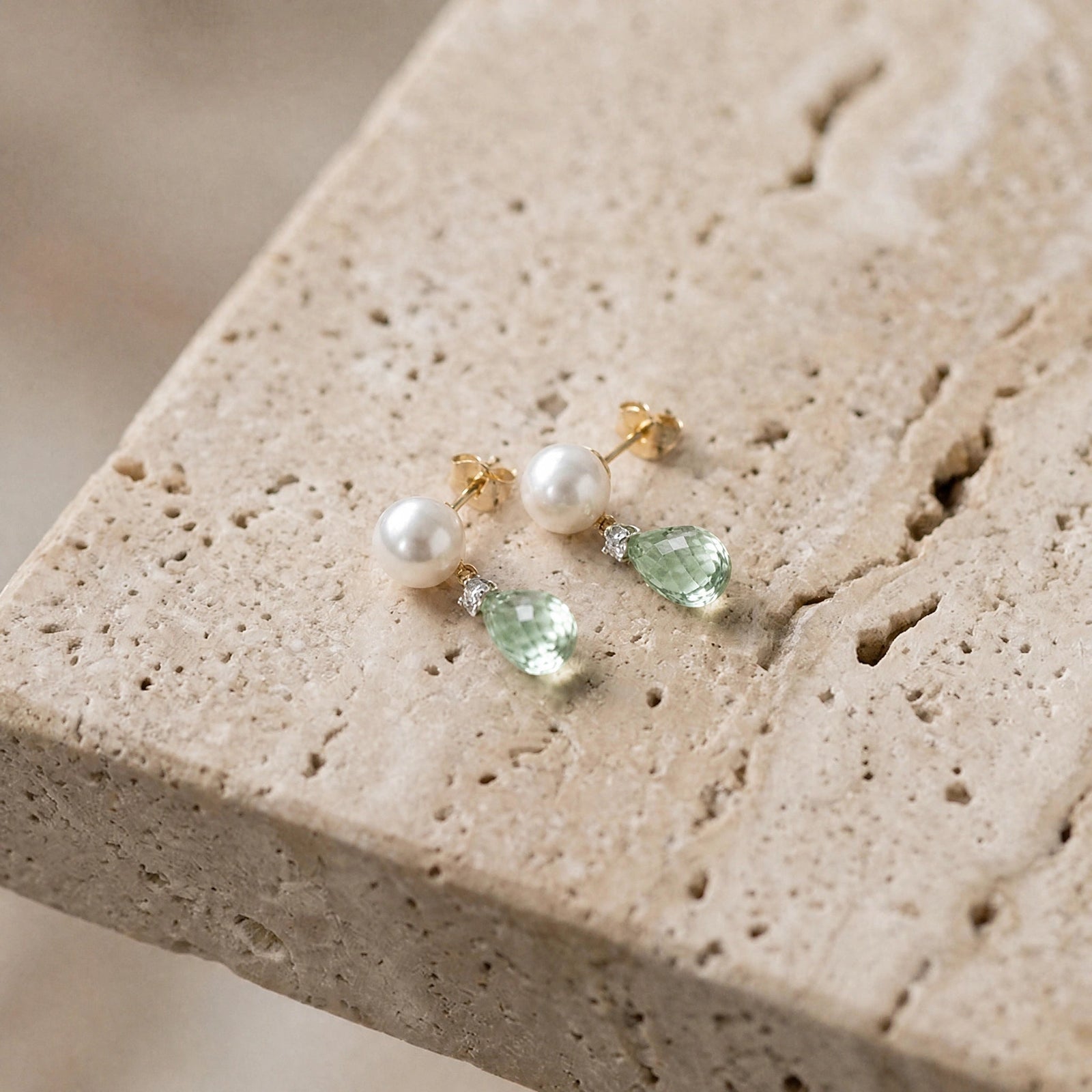 Yellow Gold Pearl & Diamond & Green Amethyst — Rosaflora