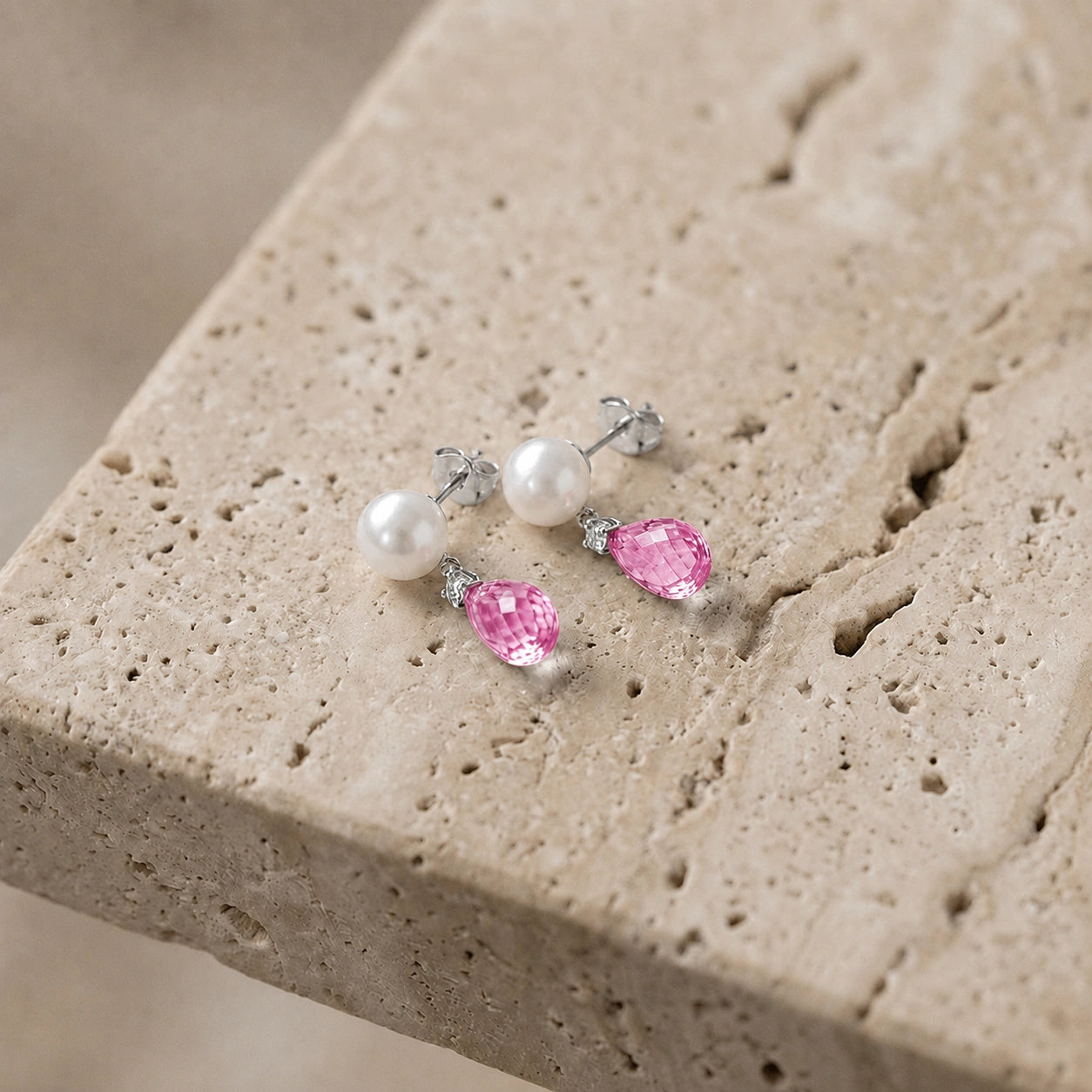 White Gold Pink Topaz & Pearl & Diamond — Rosaflora
