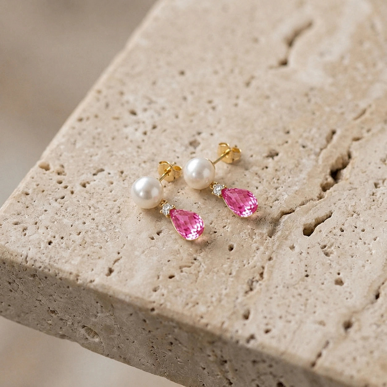 Yellow Gold Pink Topaz & Pearl & Diamond — Rosaflora