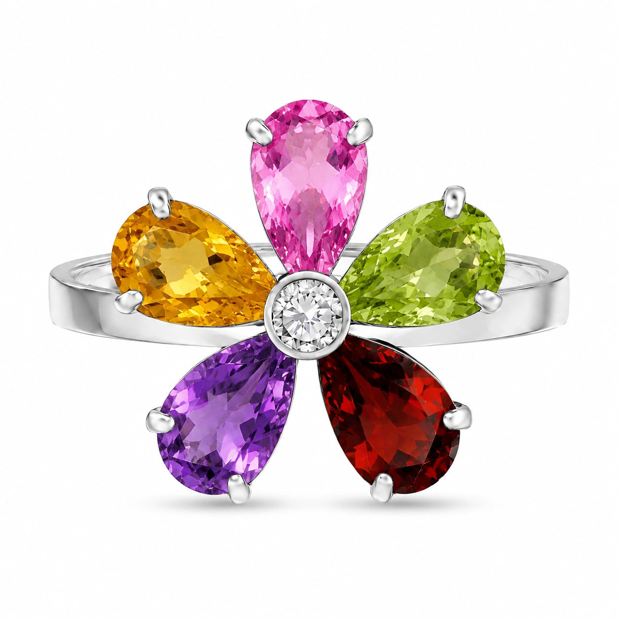 White Gold Ring Multi-Gemstone 10K — Rosalba