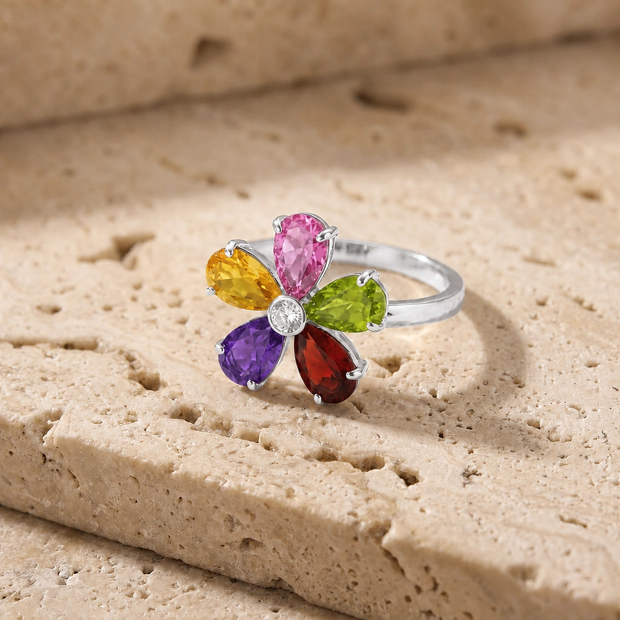 White Gold Ring Multi-Gemstone 10K — Rosalba