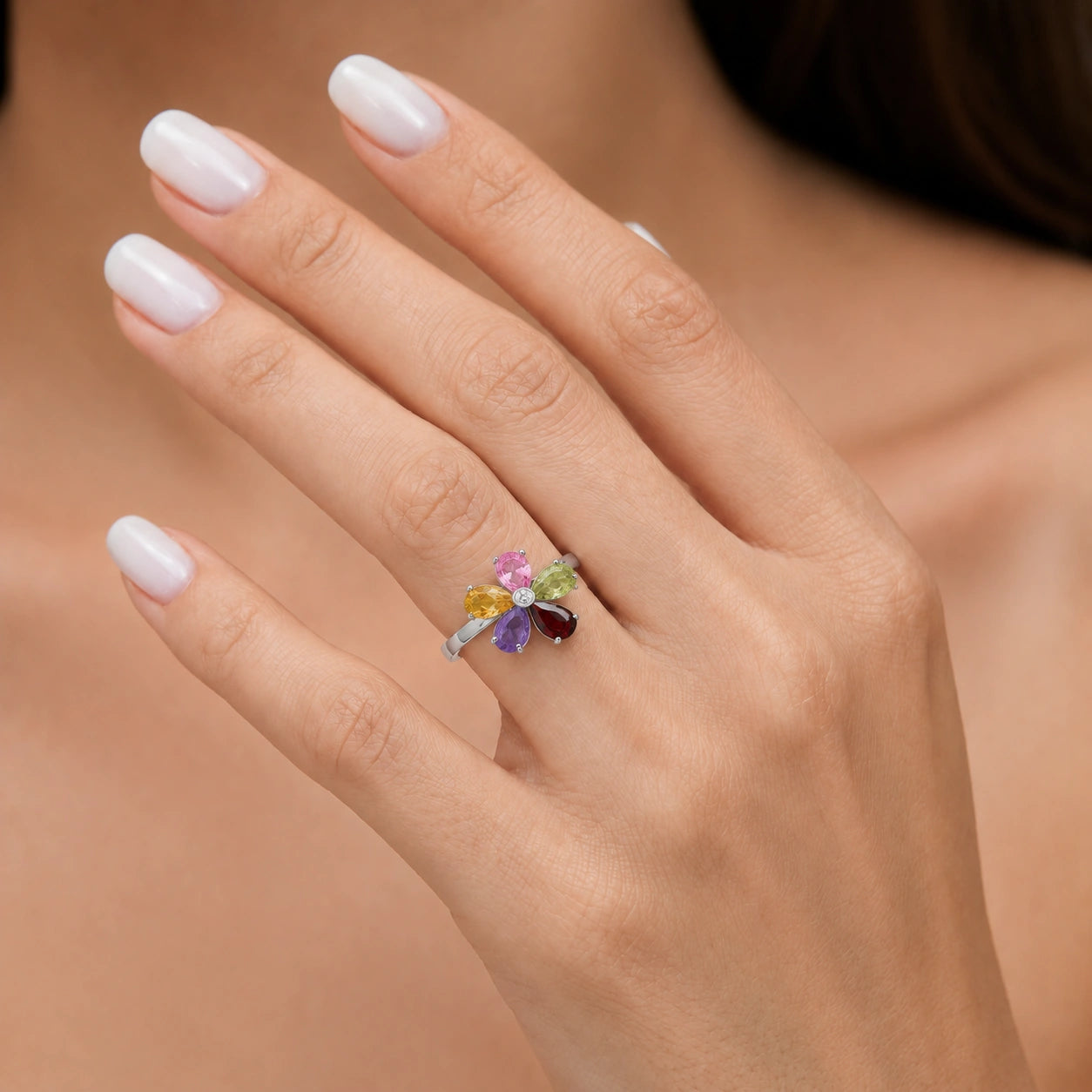White Gold Ring Multi-Gemstone 10K — Rosalba