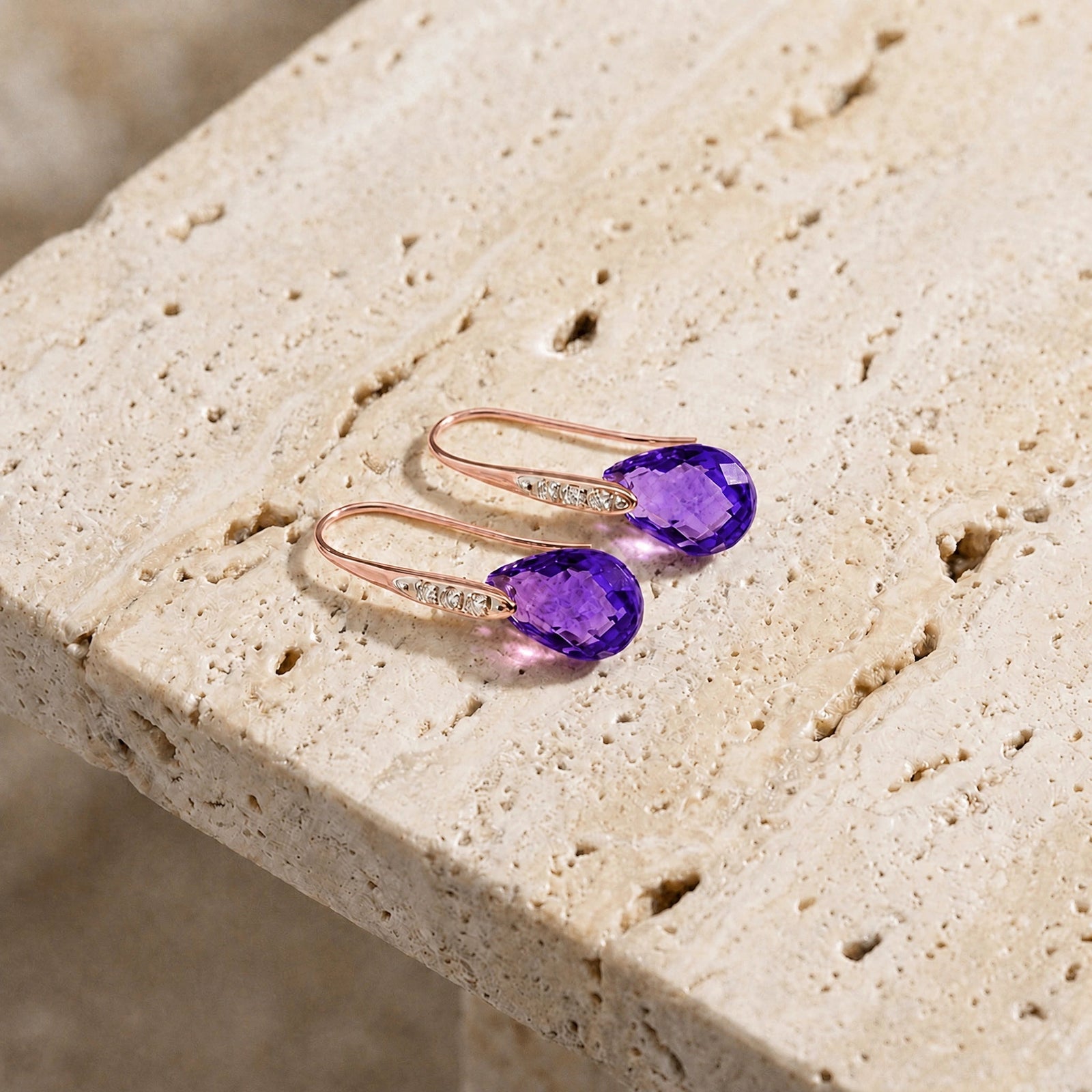 Rose Gold Aura Drop Earrings Amethyst 10K — Domenica