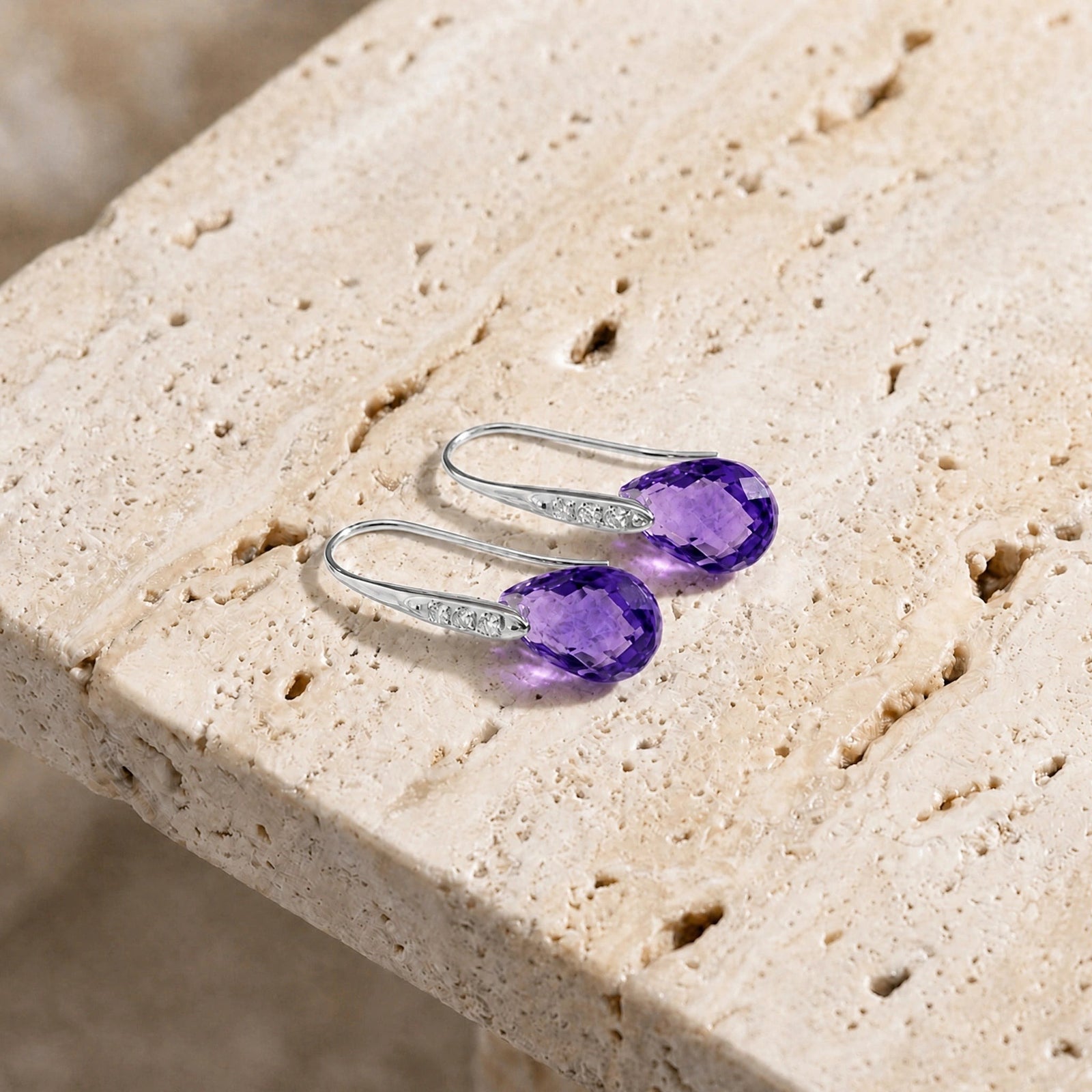 White Gold Aura Drop Earrings Amethyst 10K — Domenica